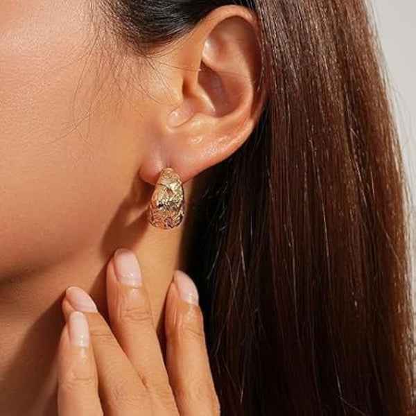 Stylish Gold Plated Chunky Hoop Earrings: Bold Textured Hoops