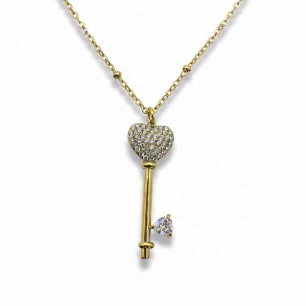 Gold Plated Key Pendant Necklace - Dazzling Pave Crystal Heart