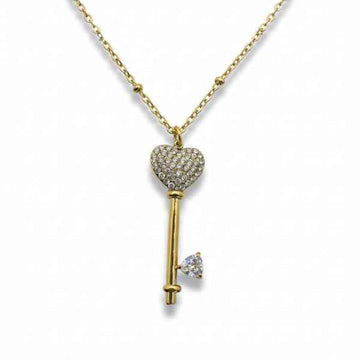 Gold Plated Key Pendant Necklace - Dazzling Pave Crystal Heart