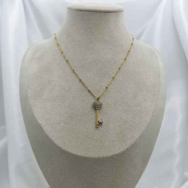 Gold Plated Key Pendant Necklace - Dazzling Pave Crystal Heart
