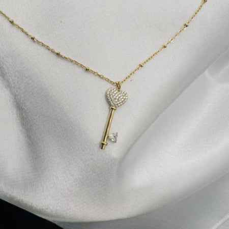 Gold Plated Key Pendant Necklace - Dazzling Pave Crystal Heart