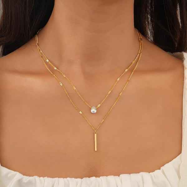 Gold Plated Layered Dainty Necklace | Elegant Zircon Charm