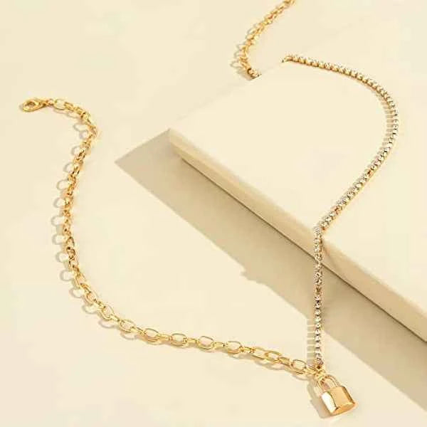 Gold Plated Lock Pendant Necklace - Chic Statement Chain Jewelry