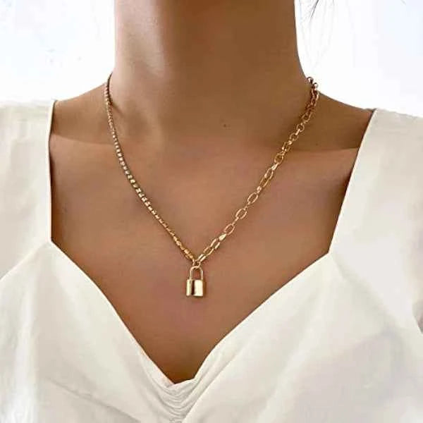 Gold Plated Lock Pendant Necklace - Chic Statement Chain Jewelry