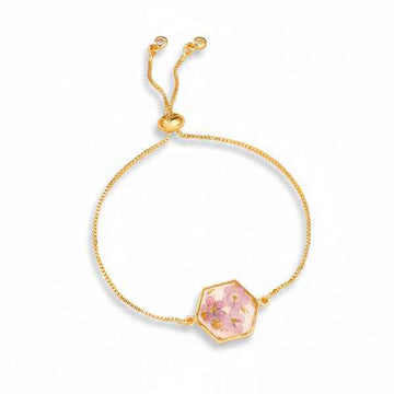 Luxurious Gold Pressed Flower Hexagon Bracelet | Pink Floral Jewelry