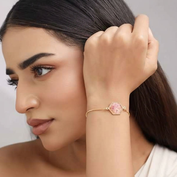 Luxurious Gold Pressed Flower Hexagon Bracelet | Pink Floral Jewelry