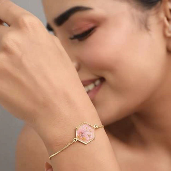 Luxurious Gold Pressed Flower Hexagon Bracelet | Pink Floral Jewelry
