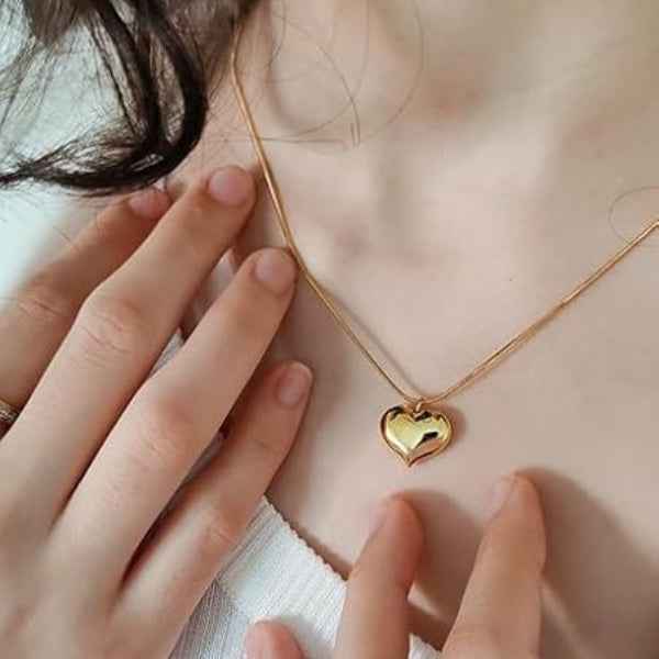 Gold Puffed Heart Snake Necklace | Chunky & Chic Statement