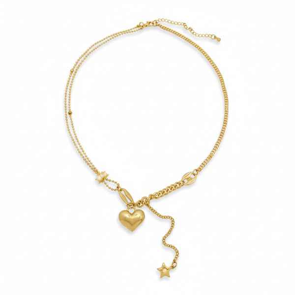 Chunky Gold Puffy Heart Tassel Necklace Statement Y-Chain