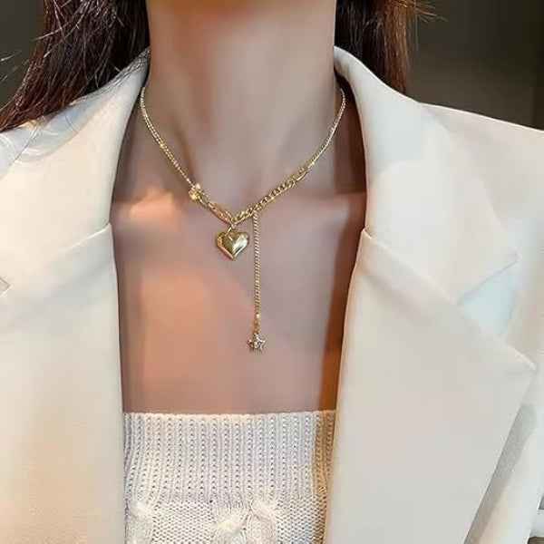 Chunky Gold Puffy Heart Tassel Necklace Statement Y-Chain