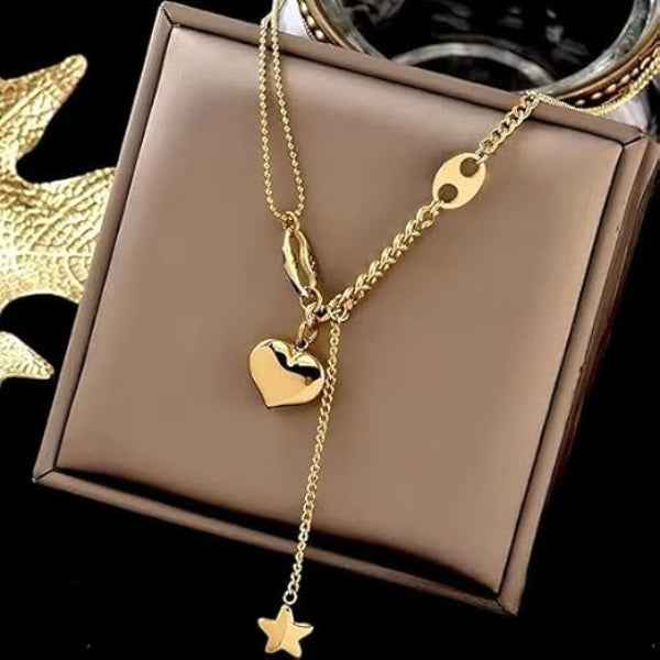 Chunky Gold Puffy Heart Tassel Necklace Statement Y-Chain