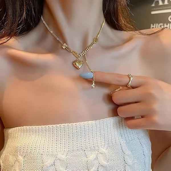 Chunky Gold Puffy Heart Tassel Necklace Statement Y-Chain