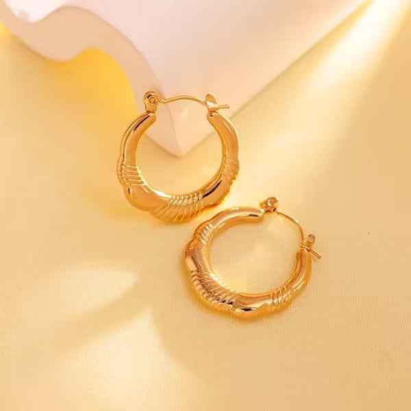 Gold Ribbed Hoop Earrings | Textured Chunky Gold Hoops Jewelry Gift