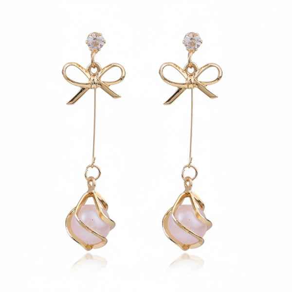 Gold Ribbon Pearls | Dainty Bow Drop Opal Stone Long Hook Jewelry