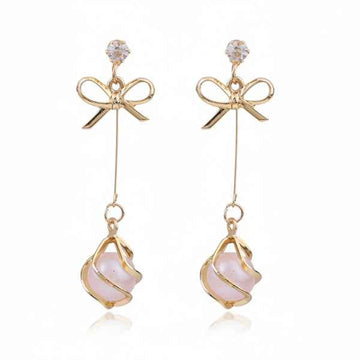 Gold Ribbon Pearls | Dainty Bow Drop Opal Stone Long Hook Jewelry