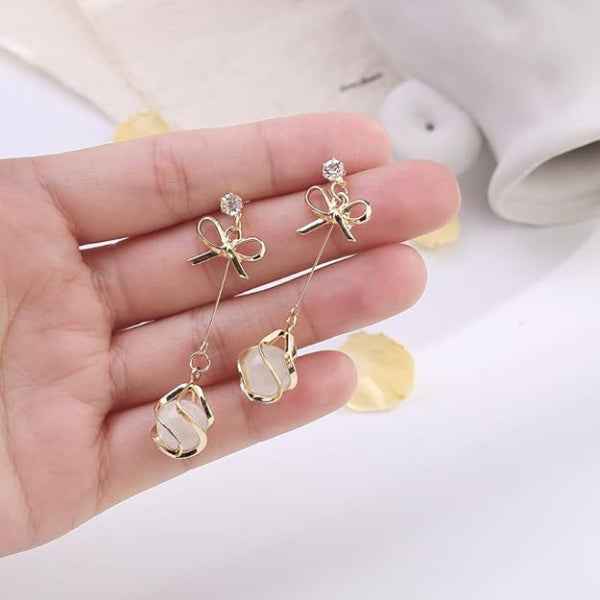 Gold Ribbon Pearls | Dainty Bow Drop Opal Stone Long Hook Jewelry