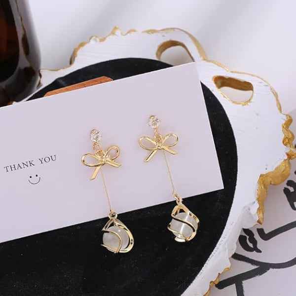 Gold Ribbon Pearls | Dainty Bow Drop Opal Stone Long Hook Jewelry