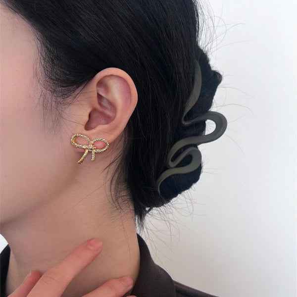 Gold Ribbon Studs | Dainty Minimalist Bow Post Earrings Jewelry