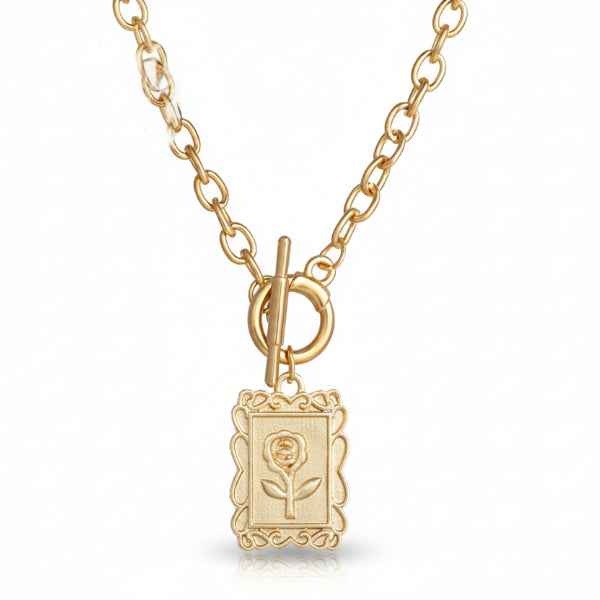 Gold Rose Necklace - Vintage Flower Medallion Toggle Chain Jewelry