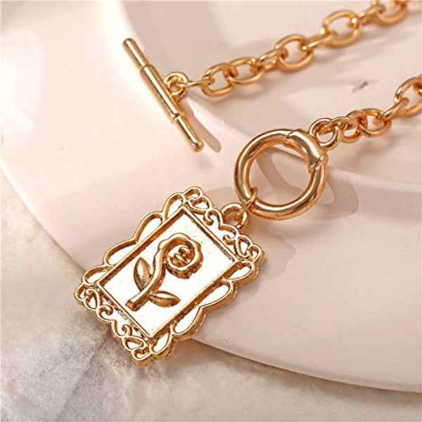 Gold Rose Necklace - Vintage Flower Medallion Toggle Chain Jewelry