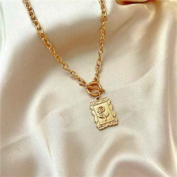 Gold Rose Necklace - Vintage Flower Medallion Toggle Chain Jewelry