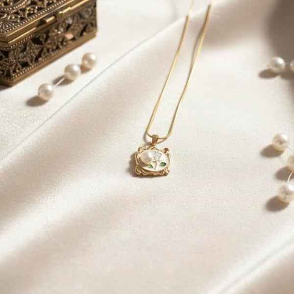 Gold Rose Pendant Necklace | Vintage Floral Enamel Locket Jewelry