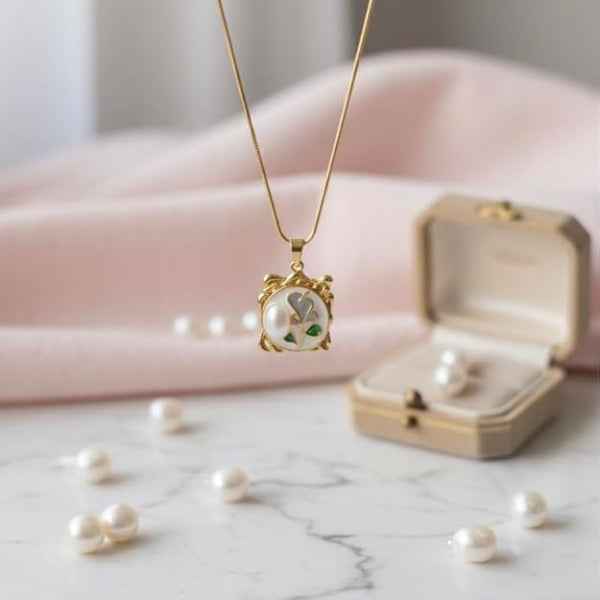 Gold Rose Pendant Necklace | Vintage Floral Enamel Locket Jewelry