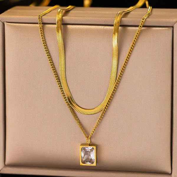 Gold Square Locket Necklace | Dainty Crystal Layered Pendant Jewelry