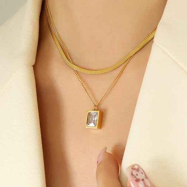 Gold Square Locket Necklace | Dainty Crystal Layered Pendant Jewelry