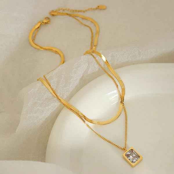 Gold Square Locket Necklace | Dainty Crystal Layered Pendant Jewelry