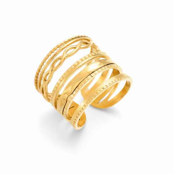 Gold Stainless Steel Adjustable Finger Ring - Shimmering Stacked Band