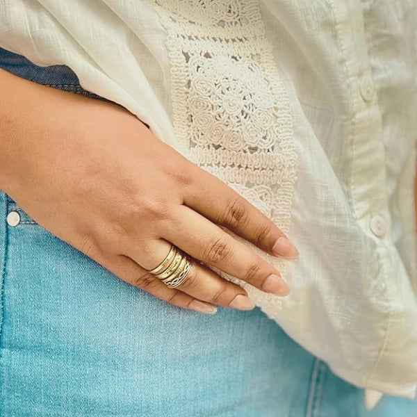 Gold Stainless Steel Adjustable Finger Ring - Shimmering Stacked Band