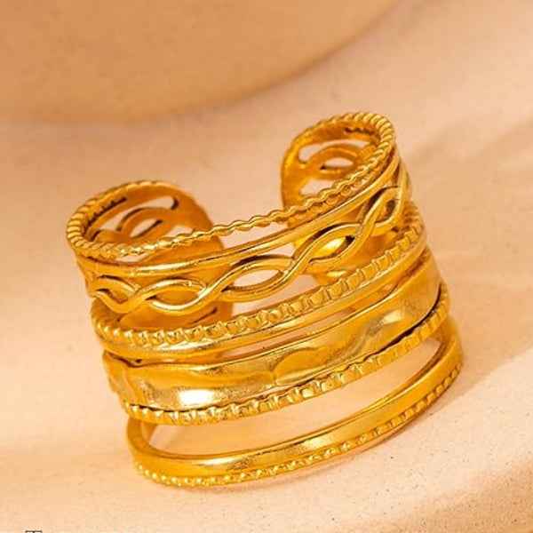 Gold Stainless Steel Adjustable Finger Ring - Shimmering Stacked Band