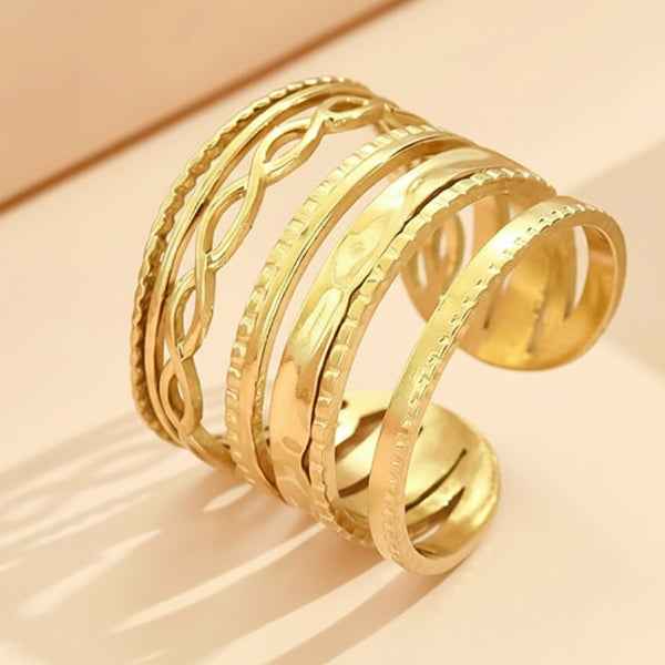 Gold Stainless Steel Adjustable Finger Ring - Shimmering Stacked Band