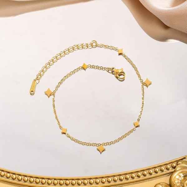 Gold Star Anklet - Sparkling Dainty Diamond Shape Charm Foot Jewelry