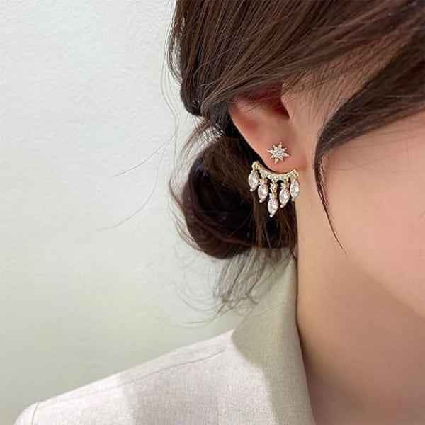 Gold Starburst Earrings | Dainty Celestial Crystal Drop Jacket Studs