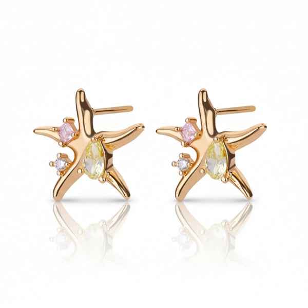 Gold Starfish Earrings | Dainty Sea Star Crystal Coastal Post Studs