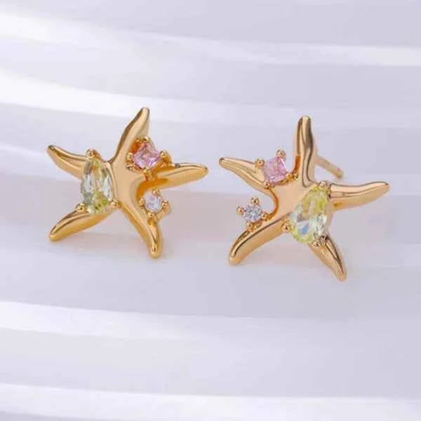 Gold Starfish Earrings | Dainty Sea Star Crystal Coastal Post Studs