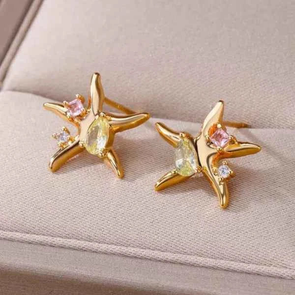 Gold Starfish Earrings | Dainty Sea Star Crystal Coastal Post Studs