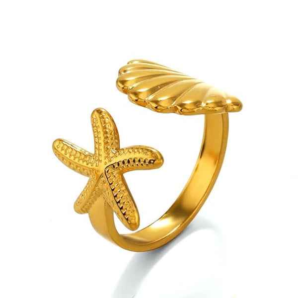 Gold Starfish Ring: Seashell Bypass Band Beach Ocean Jewelry