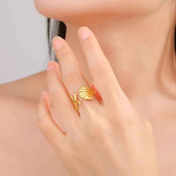 Gold Starfish Ring: Seashell Bypass Band Beach Ocean Jewelry