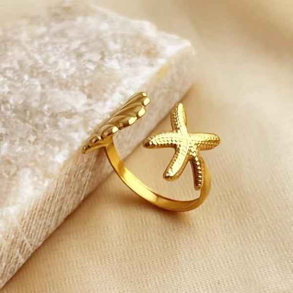 Gold Starfish Ring: Seashell Bypass Band Beach Ocean Jewelry