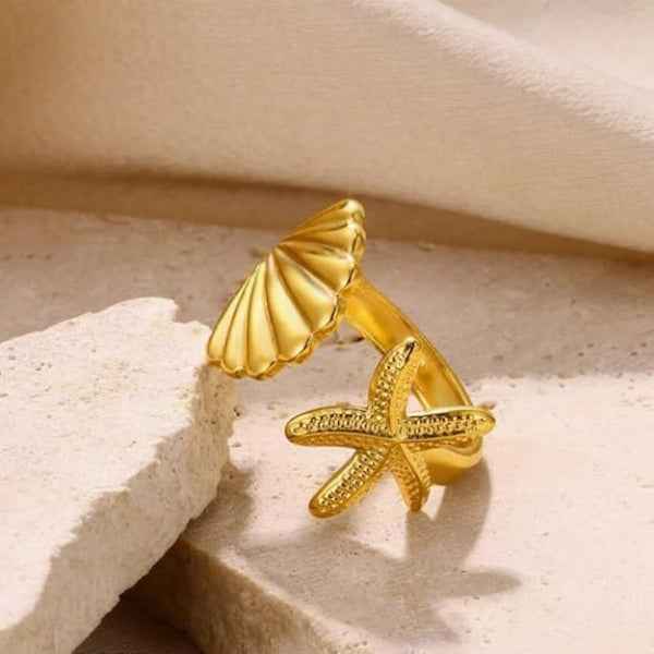 Gold Starfish Ring: Seashell Bypass Band Beach Ocean Jewelry