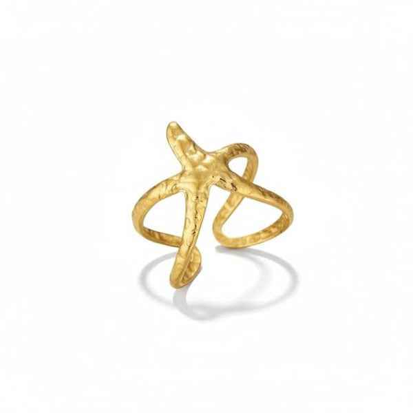 Bold Gold Starfish Ring - Textured Coastal Statement Finger Ring