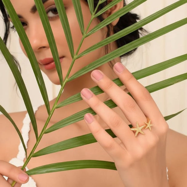 Gold Starfish Ring - Shimmering Nautical Adjustable Beach Band Ring