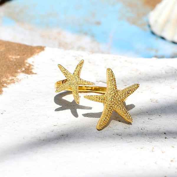 Gold Starfish Ring - Shimmering Nautical Adjustable Beach Band Ring