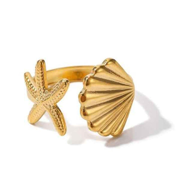 Gold Starfish Ring - Shimmering Seashell Adjustable Beach Promise Ring