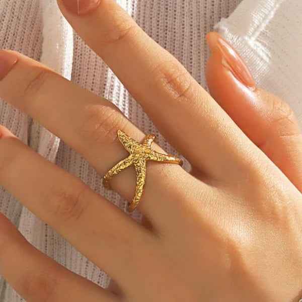Bold Gold Starfish Ring - Textured Coastal Statement Finger Ring