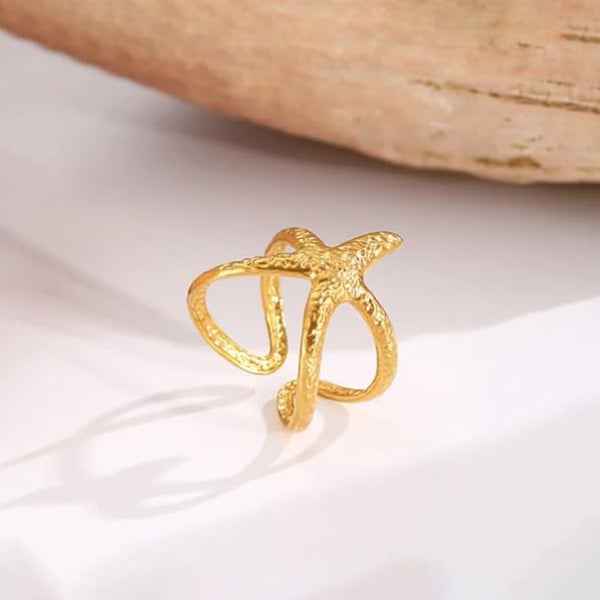 Bold Gold Starfish Ring - Textured Coastal Statement Finger Ring
