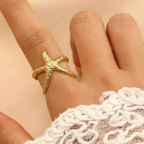 Bold Gold Starfish Ring - Textured Coastal Statement Finger Ring